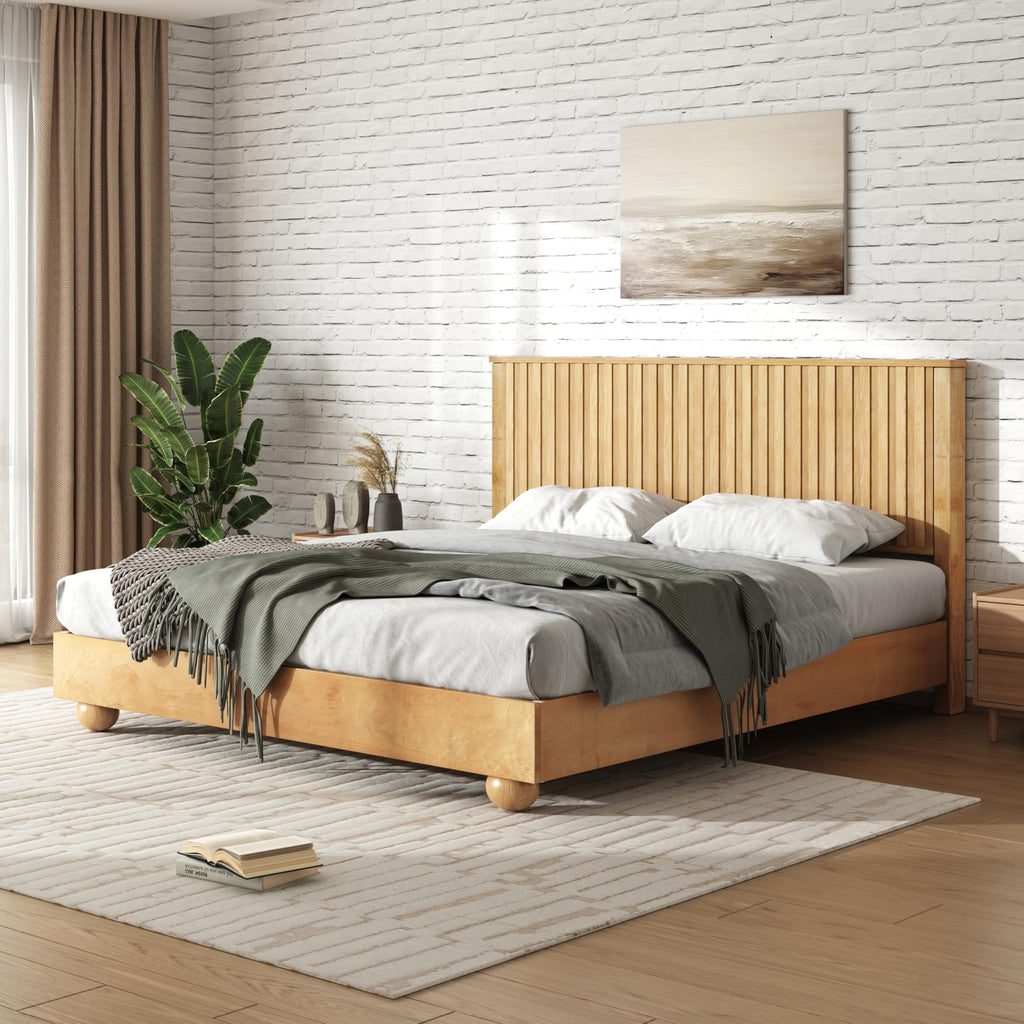 Queen Size Bed Frame with Reeded Headboard, Natural Wood Platform Bed Frame with Sturdy Wooden Support Slats, No Box