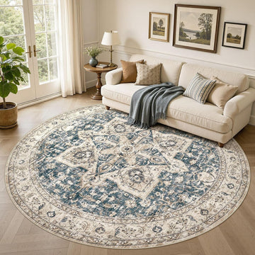 Area Rug 8ft Round Living Room Rug Washable Soft Cream/Blue