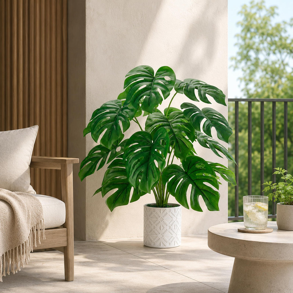 26" Fake Plants, Monstera Plant in White Boho Pot Decor