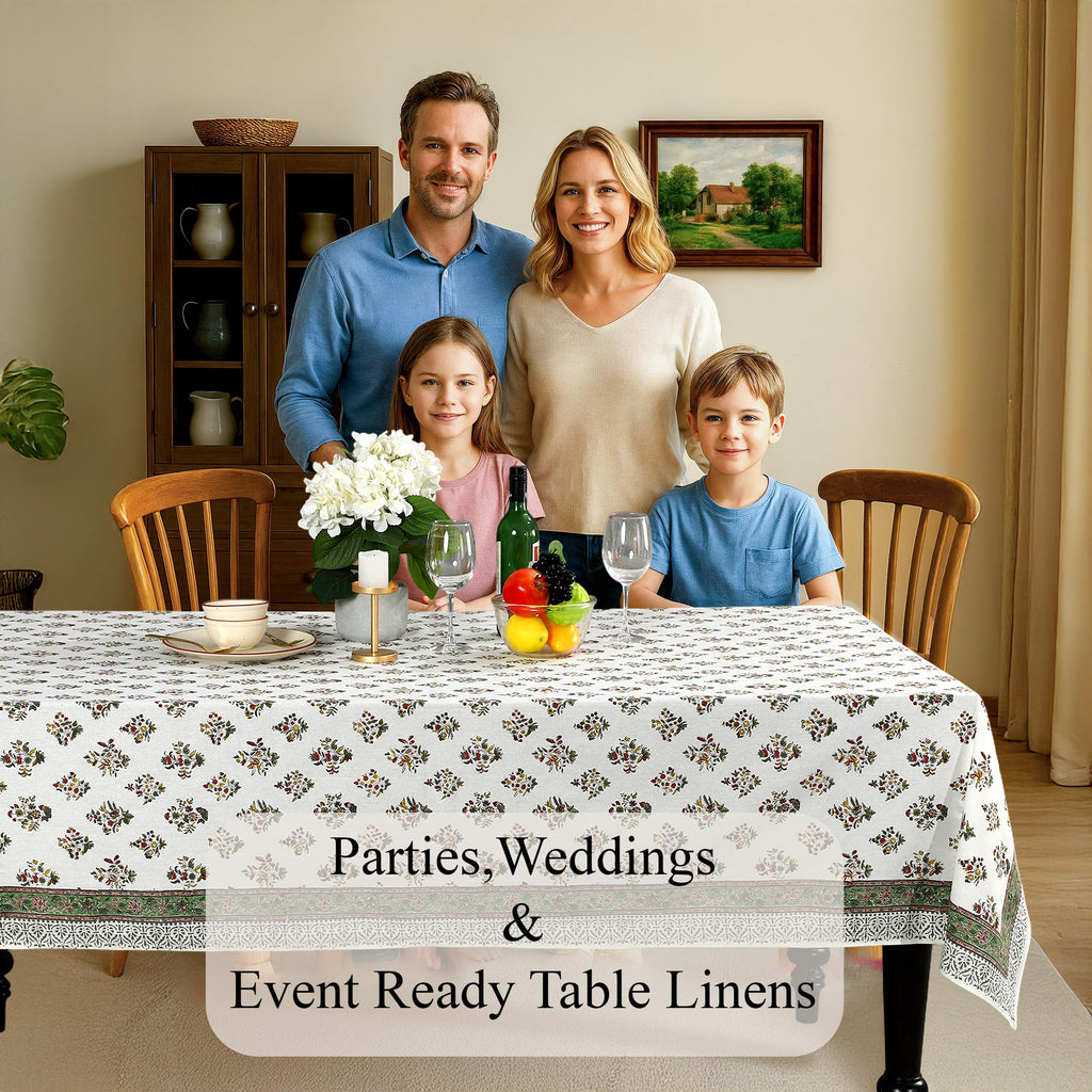 CPC Fall Green Block Print 100% Cotton Rectangle Tablecloth 52x70 Inch