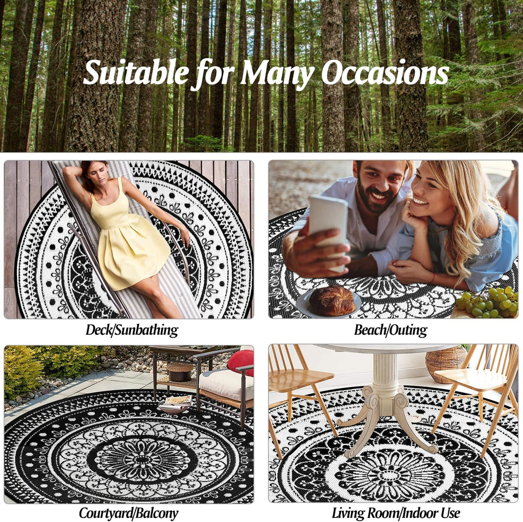 Reversible Outdoor Rugs 6Ft Round Patio Rugs Lightweight Plastic Straw Rug Waterproof RV Camping Mat Portable Area