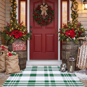 Cotton Buffalo Plaid Rug, 27.5x43 Christmas Green White Outdoor Rug Front Door Decorative Mat, Washable Doormat