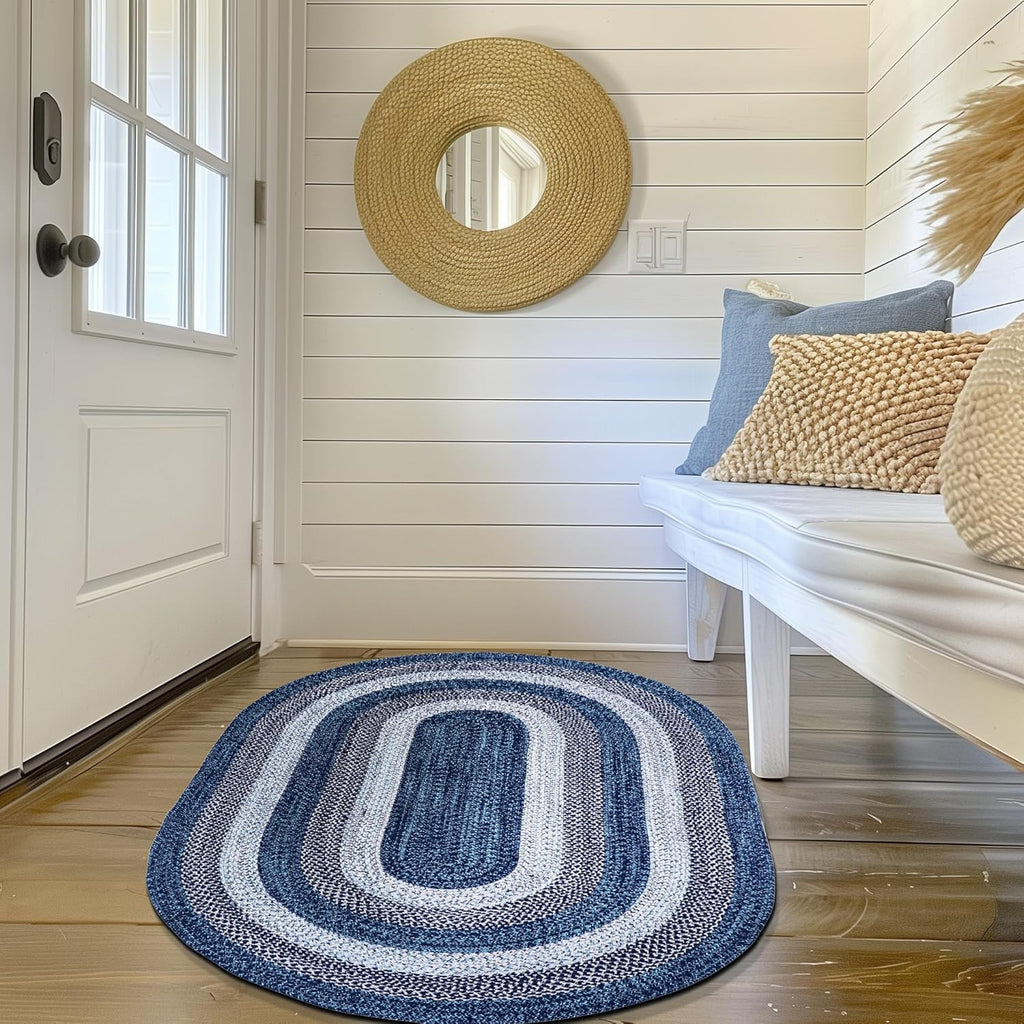 Rustic Aqua Blue/White/Black Oval Braided Rug /Foyer, Washable Outdoor Rug /Porch 3' x 5' Oval