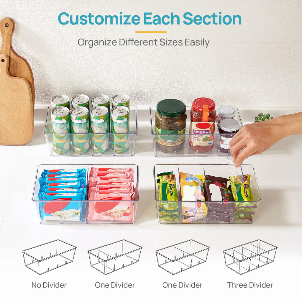 4 Pack Food Storage Organizer Bins, Clear Plastic, 4 Compartments
