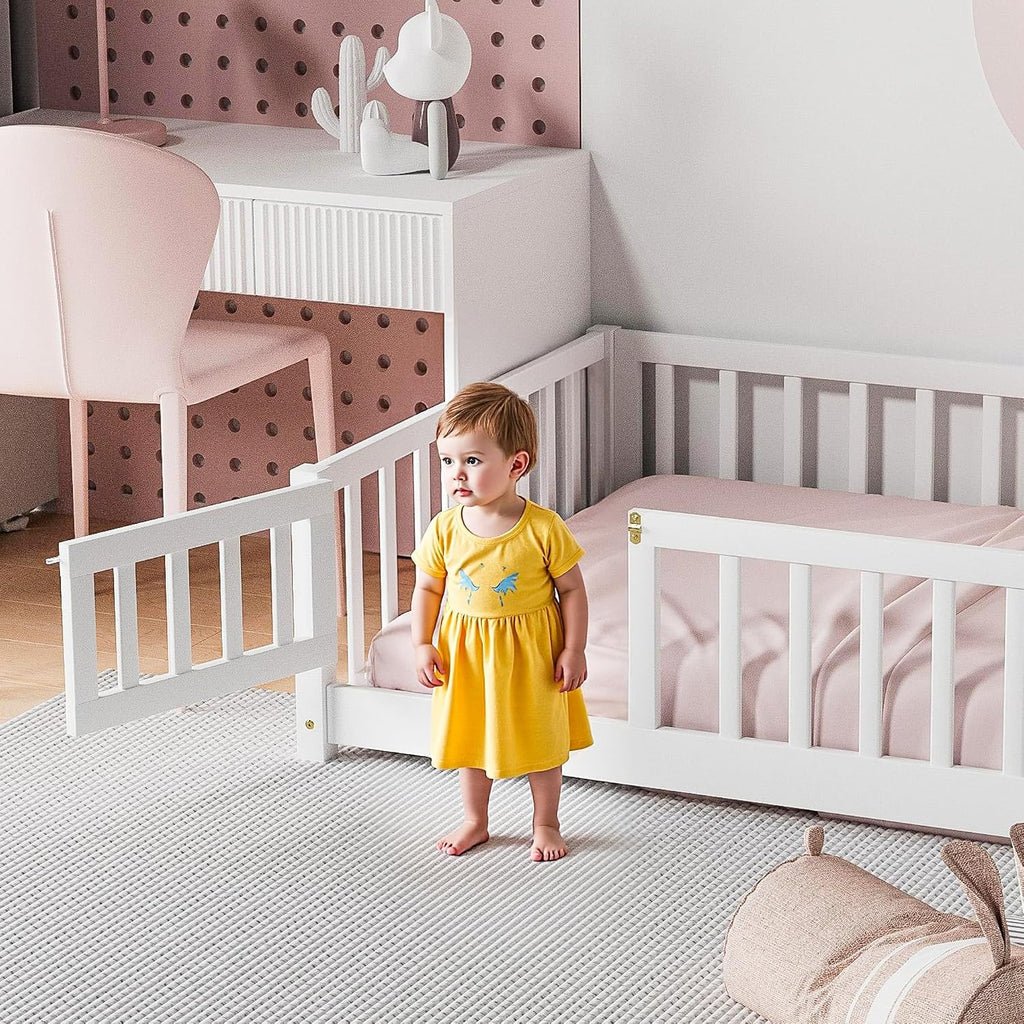Twin Floor Bed for Children, Sturdy Wood Montessori Bed Frame with Wood Slats, Fence & Door, Montessori Floor Bed for