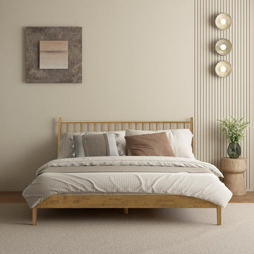 Inno Wooden Bed Frame with Headboard, Solid Oak and Rubber Wood Foundation with Silent Slats and Wood Central
