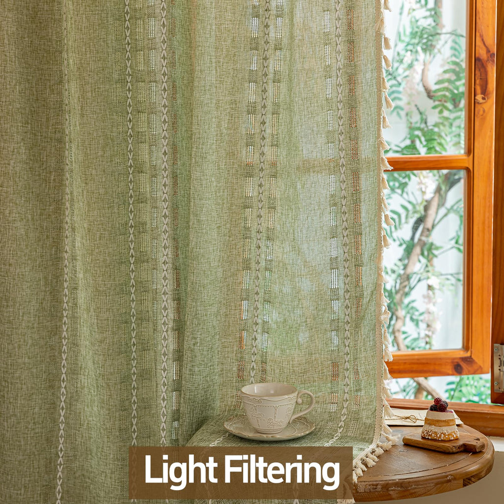 Boho Sheer Sage Green Curtains 84 inches Long 2 Panels Bedroom, Farmhouse, Bohemian Tassels Country Light Filtering