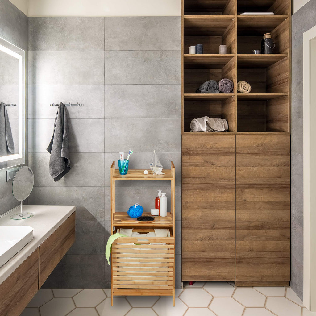 Laundry Cabinet with Laundry Basket, Bamboo Bathroom Shelf with Fold-Out Laundry Hamper, HBT 100 x 45.5 x 33.5 cm