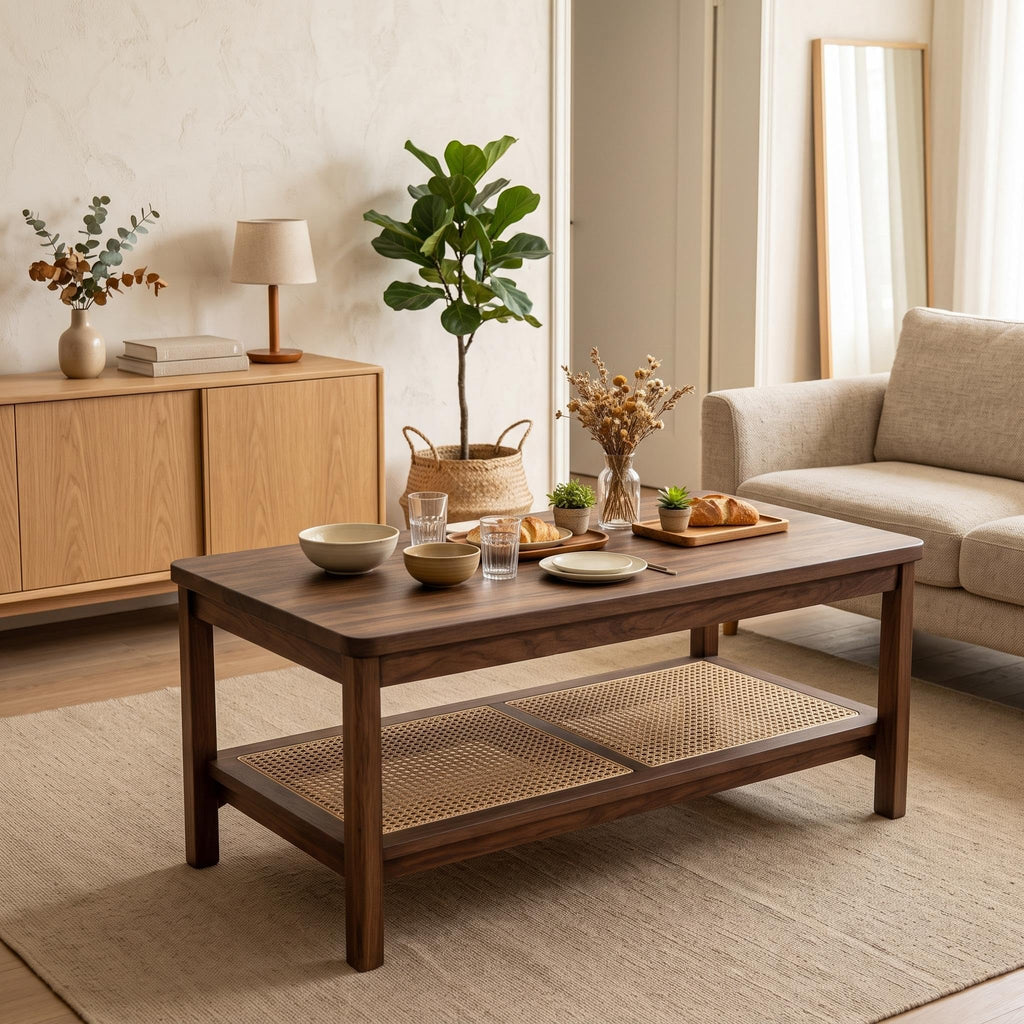 2-Tier Coffee Table with Rattan Storage Shelf, Walnut Brown