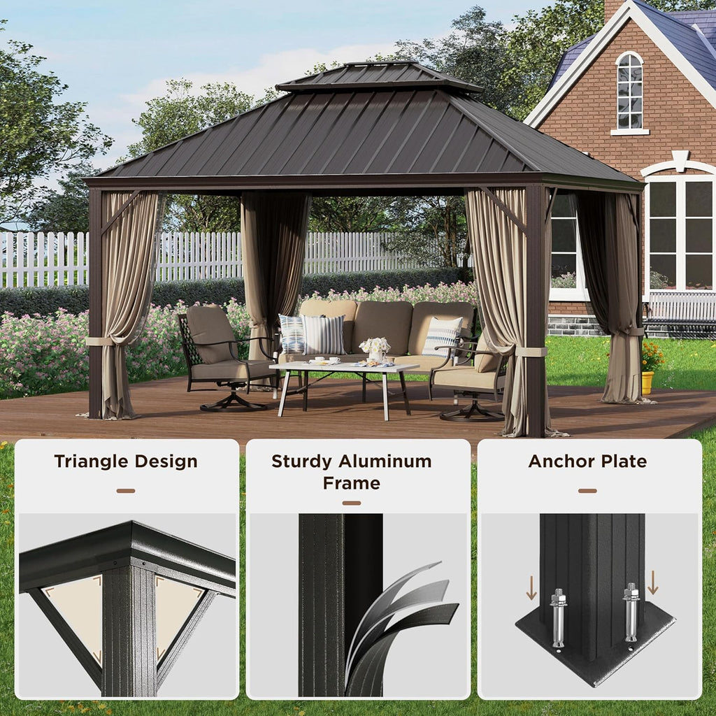 12 X 14ft Hardtop Gazebo with Nettings and Curtains, Heavy Duty Double Roof Galvanized Steel
