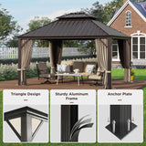12 X 14ft Hardtop Gazebo with Nettings and Curtains, Heavy Duty Double Roof Galvanized Steel
