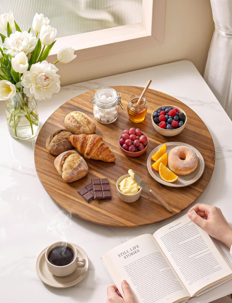 21" Acacia Wood Lazy Susan for Table Top, Swivel Charcuterie Board