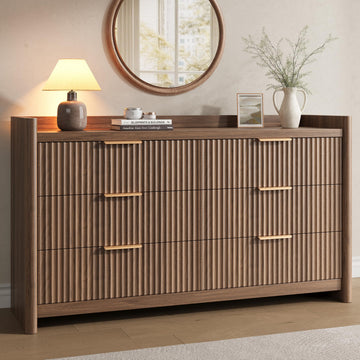 6 Drawer Dresser, Fluted Dressers with Rounded Edge & Raised Lip Top, Anti-Tip Chest of Drawers, Walnut