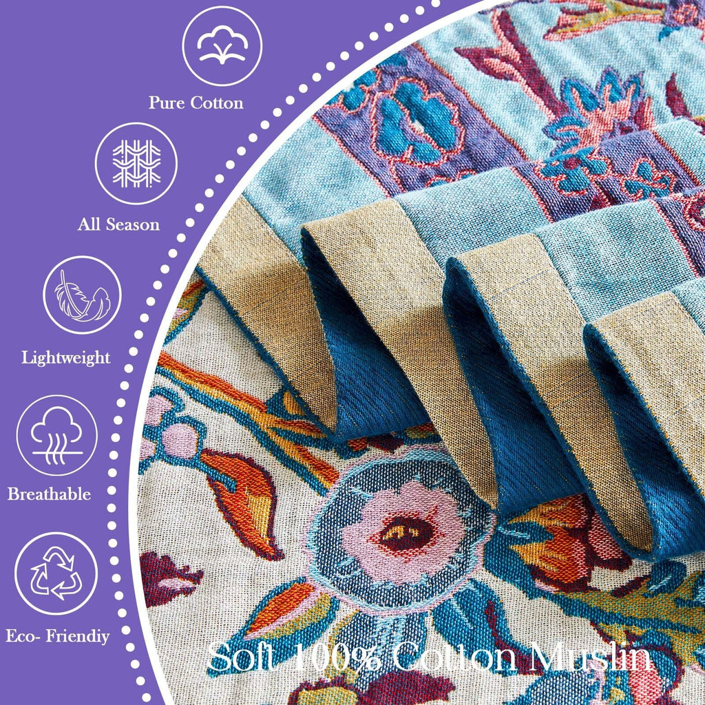 Boho Blanket Soft Muslin Boho Throw Blanket 100% Cotton Blanket All Seasons Reversible Rustic Floral Printed Vintage