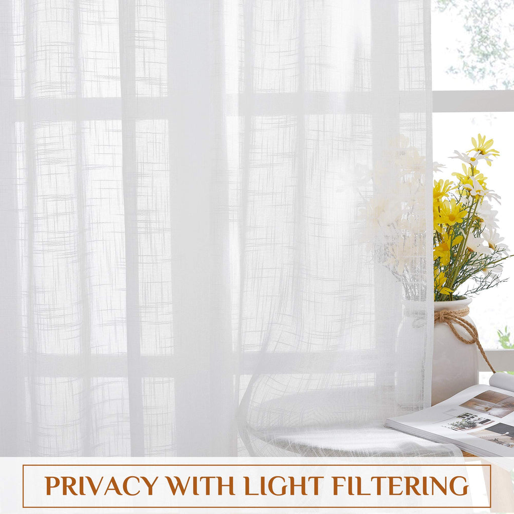 White Faux Linen Sliding Door Curtains 90 inches Long, Rod Pocket & Back Tab Semi Sheer Window Treatments Privacy