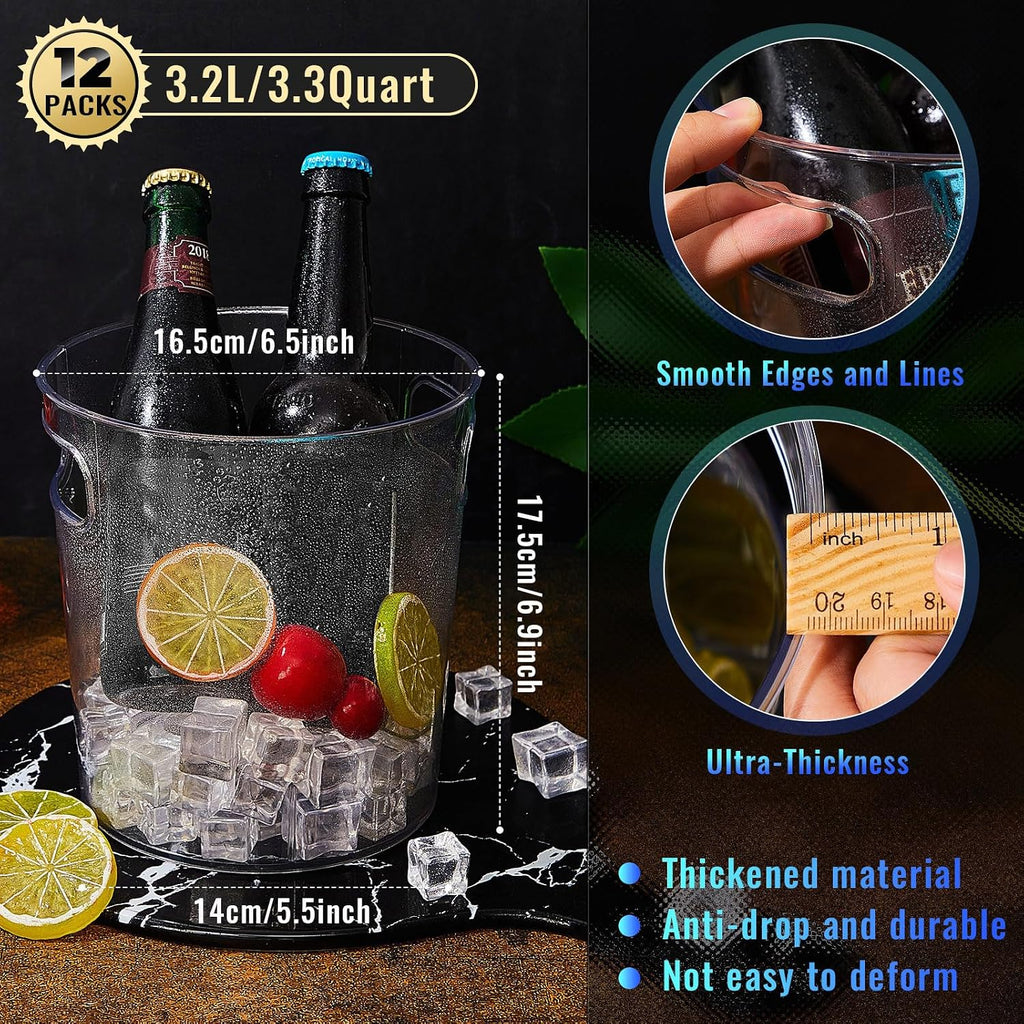 Plastic Ice Buckets Bulk Clear Champagne Beer Bucket Cooler with Built in Handle Stackable Beverage Tubs Wine - Set of 12