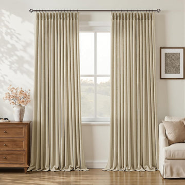 96 Inch Pinch Pleated Linen Oatmeal Curtains Sand Beige Cottage Light Filter Sheer Burlap Textured Pinch Pleat Drapes