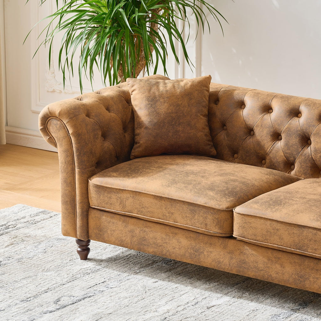 80.5" 2 Piece 3-Seater Velvet Chesterfield, Combination with Button Tufted Curved Backrest Rolled Arms, Faux Leather