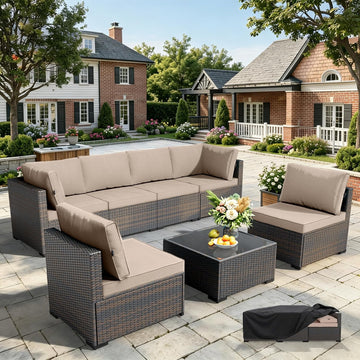 Patio Furniture Set 7 Piece - All-Weather - Wicker Rattan Patio Outdoor Conversation Set, Modular Sectional Sofa for