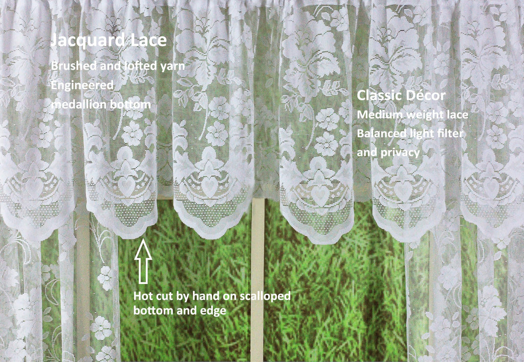Floral Vine Lace Tailored Valance 18", White, 60W x 18L