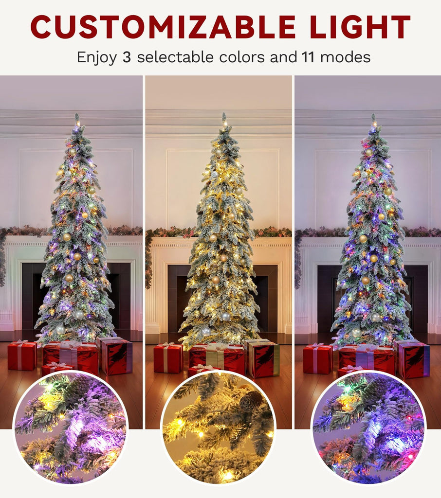 7.5FT Prelit Flocked Pencil Spruce Christmas Tree with LED Lights