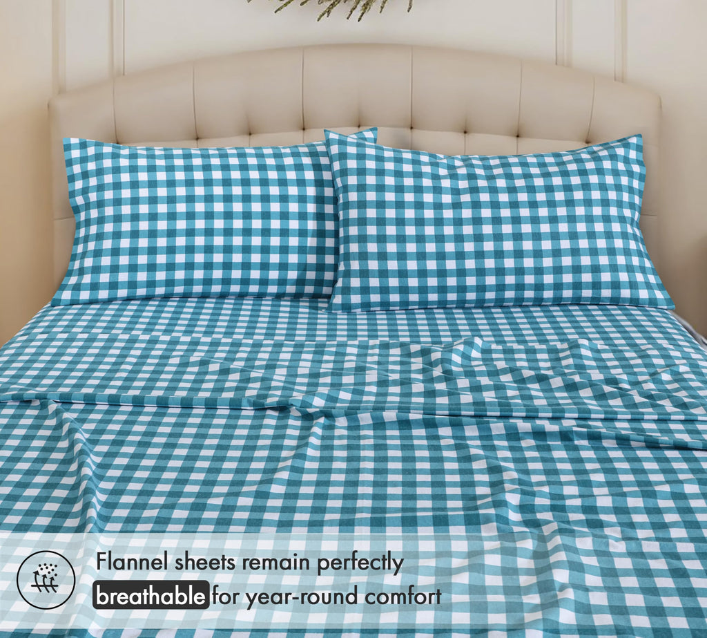 100% Cotton Flannel Sheets King Size, 4 PCs, Cabin Plaid