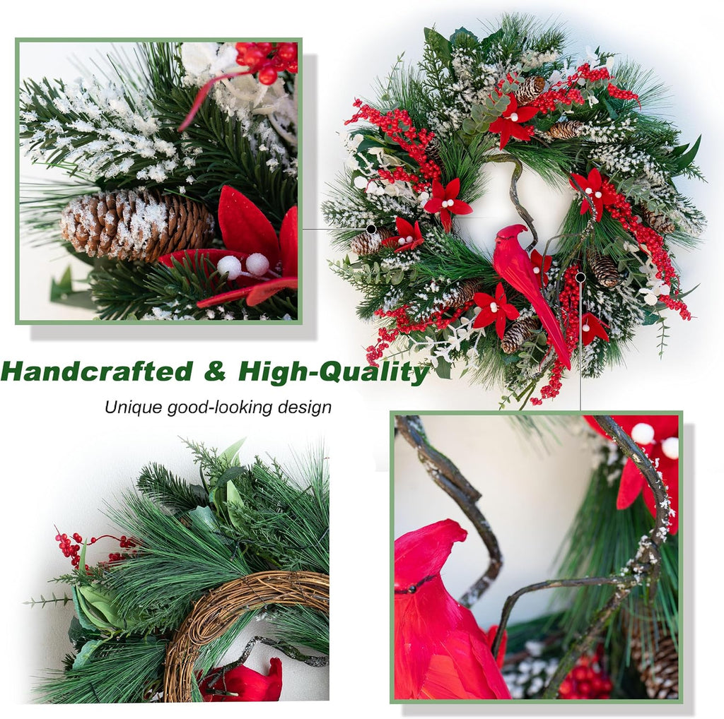 Christmas Wreath with Lights, 24 Inch Lighted Christmas Wreaths for Front Door with Pine Needles and Berries, Large