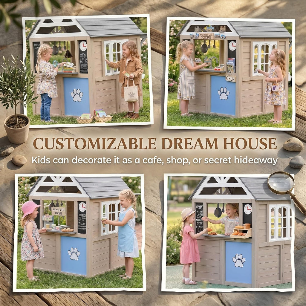 Kids Outdoor Playhouse Wooden Kids Cottage with Dog Door Ages 2+ Gray | Cookware, Planter Box, Bell, Blackboard