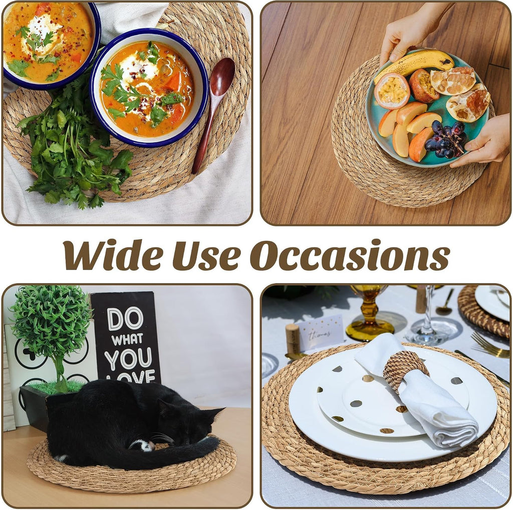 Round Woven Placemats - 13.8 Inches Natural Boho Rattan Wicker Table Mats Dining Table - Set of 6