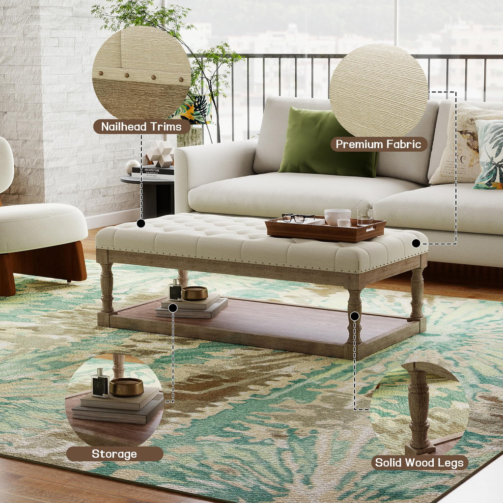 48" Large Ottoman with Storage Coffee Table, Upholstered Tufted Linen Ottoman Bench with Solid Wood Shelf, Holds
