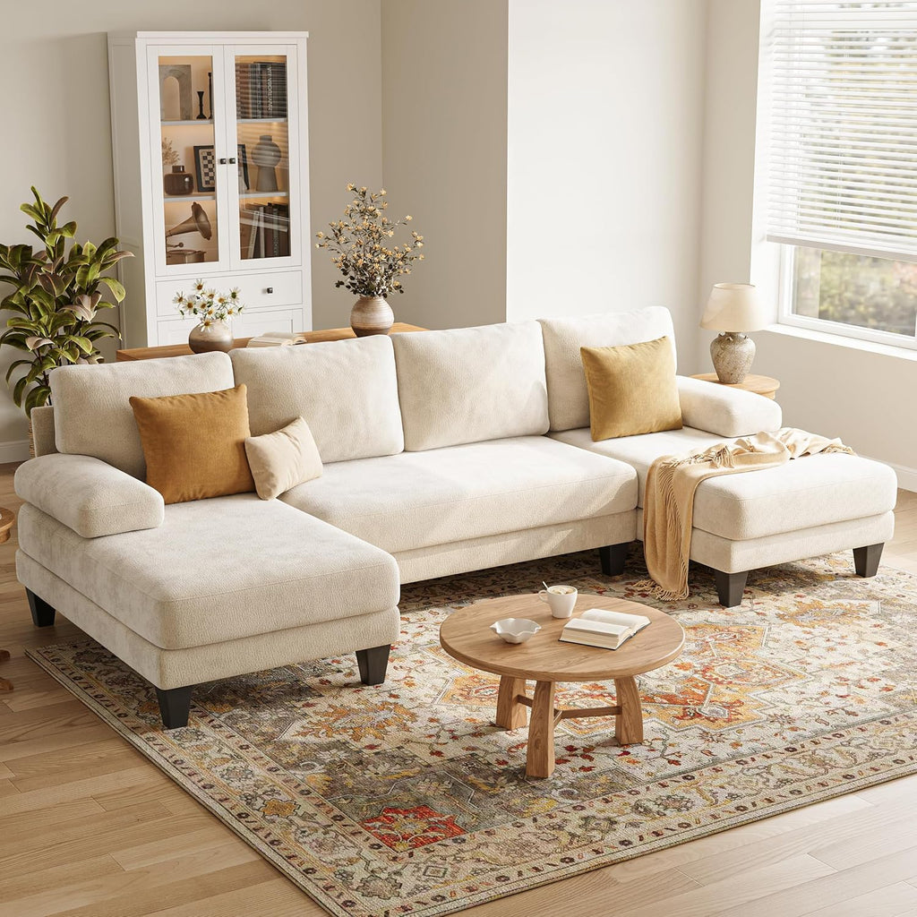 U-Shaped Sectional Couches for Living Room | 112 Inch Modern Sectional Couch | Warm White Chenille Sofa with Double
