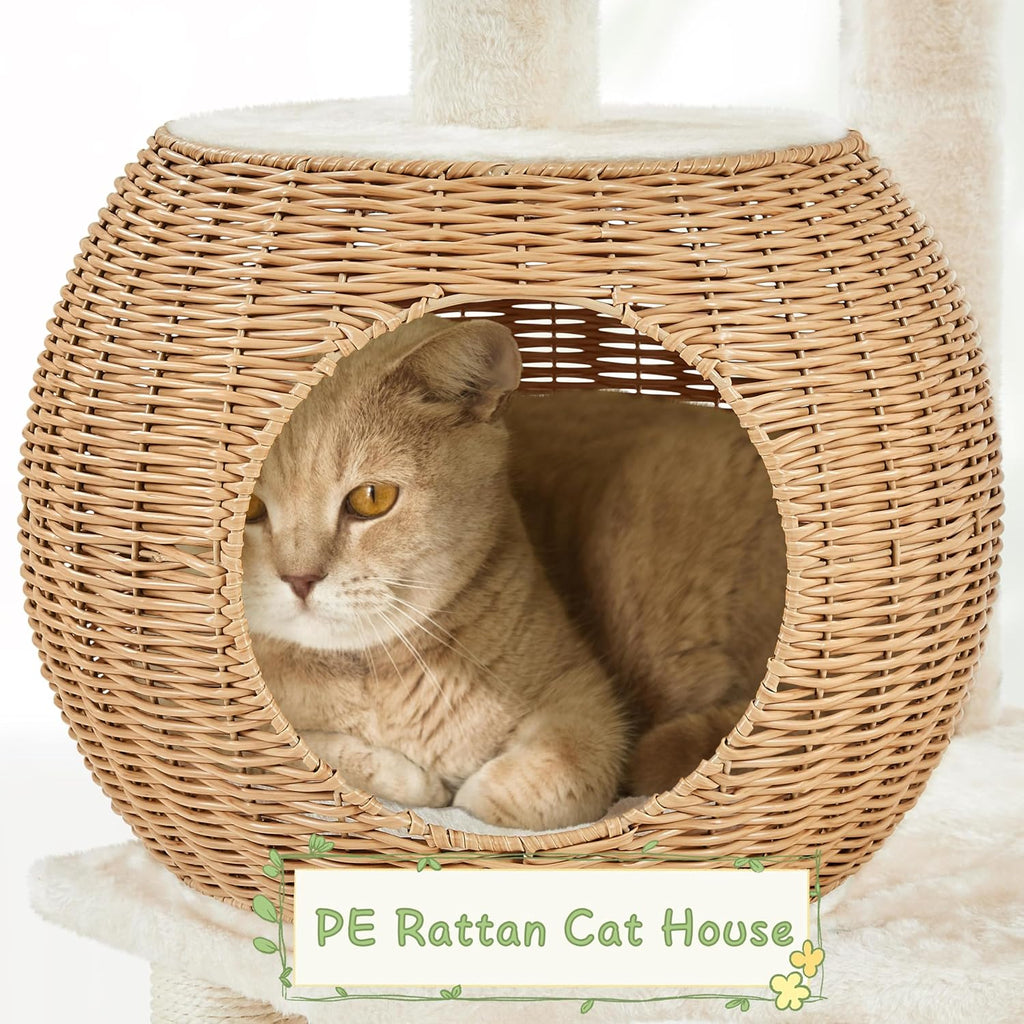 54in Rattan Cat Tree Tower with Woven-Style Nest and Hammock
