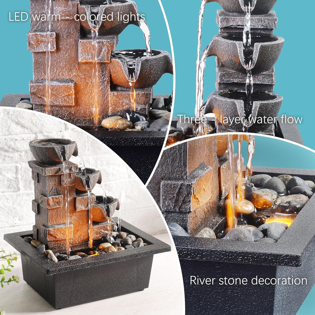 Home Décor Imitation 3-Tier Stone Wall Tabletop Fountain Many Natural River Rock Office Relaxing Desktop Zen