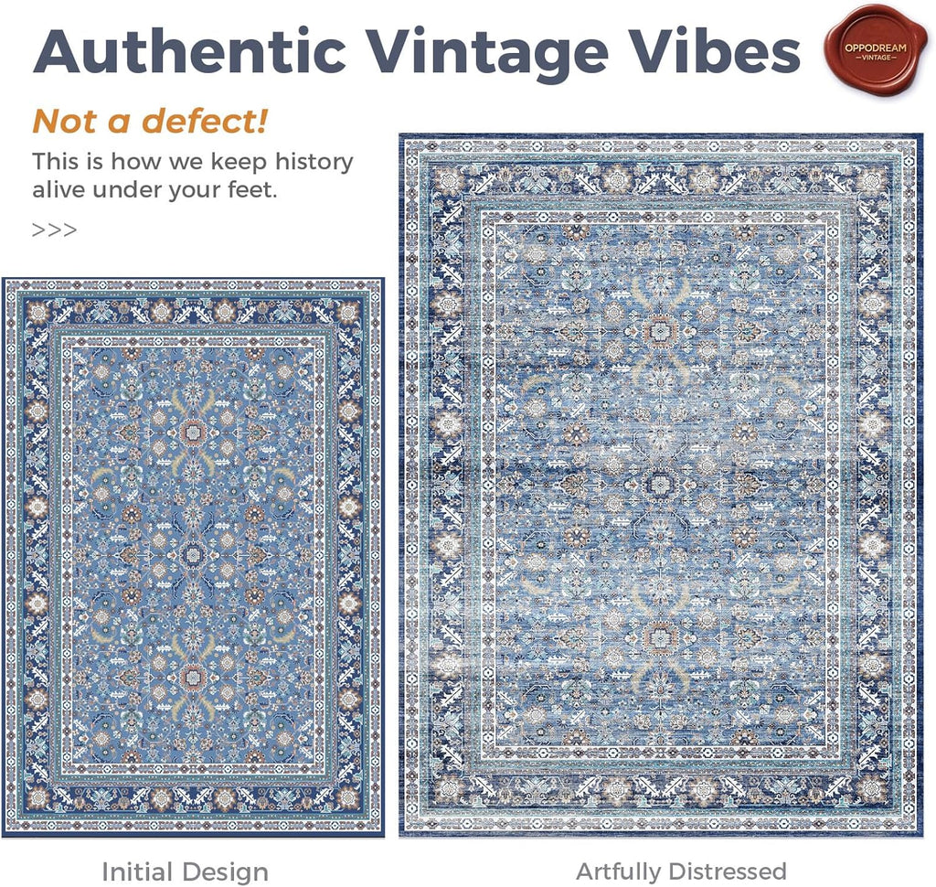 Vintage Blue Area Rugs 9x12, 9 x 12 Retro Washable Rug Non Slip, Low-Pile Faux Wool Carpet, Distress