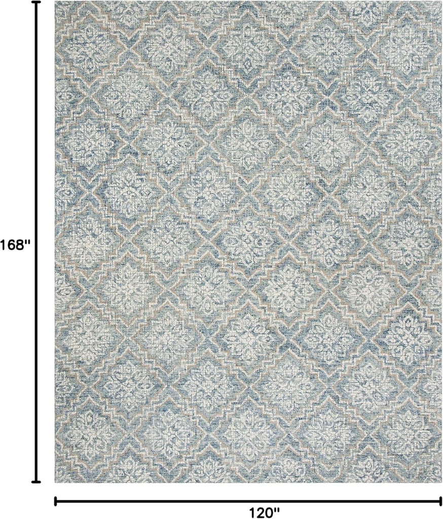 Abstract Area Rug - 10' x 14', Blue & Grey, Handmade Wool