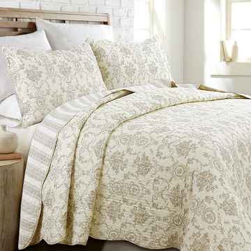 French Medallion 100% Cotton Bedding Quilt Set, Beige Ivory Rose Flower Reversible Coverlet Bedspread (Cream Eggnog