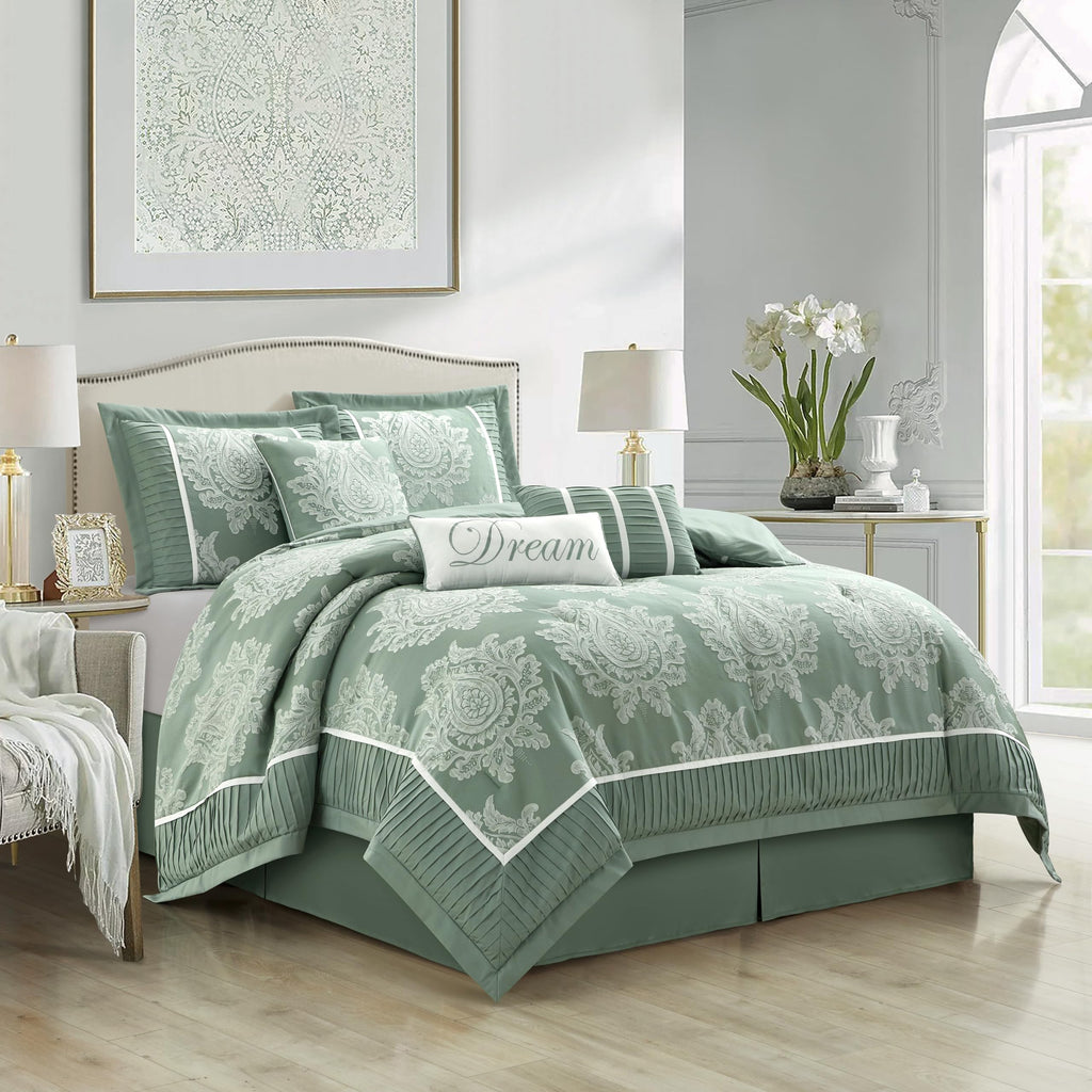 Sage 7PC Comforter Set, Jacquard with Matching Solid Piecework Bedding Set, All Season