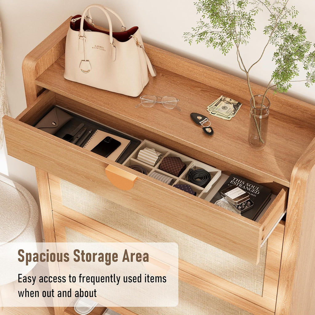 Rattan Shoe Storage Cabinet, Shoe Organizer with 2 Flip Drawers, Narrow Shoe Cabinet, Free Standing Hidden Shoe