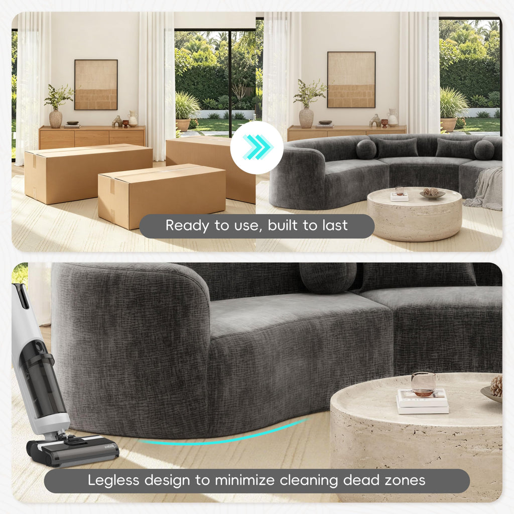 6 Seat Modular Curved Sectional Sofa, Frameless Chenille Arc Couch with 4 Pillows, Free Combination with Hook and