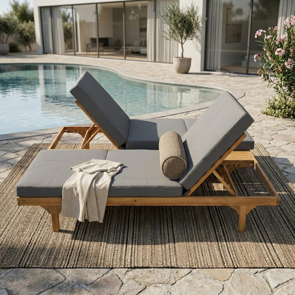 Acacia Wood Outdoor Chaise Lounge Set, 2 Recliners with 3-Fold Dark Grey Cushions, 5-Position Adjustable Double