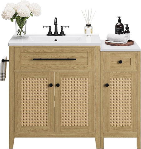 30" Bathroom Vanity with Storage Side Cabinet, Freestanding Bathroom Cabinet with Ceramic Sink, Flip-Down Drawer & Soft Closing Door, Farmhouse A133-B0FF4PLZ6K