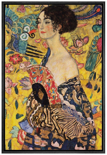 Framed Canvas Print Wall Art Gustav Klimt's Lady with Fan Historic Oil Painting Baroque Traditional Scenic Colorful
