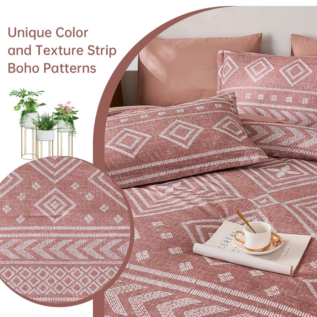 Boho Comforter Set King Size, 7 Pieces Aztec Blush Bed in a Bag