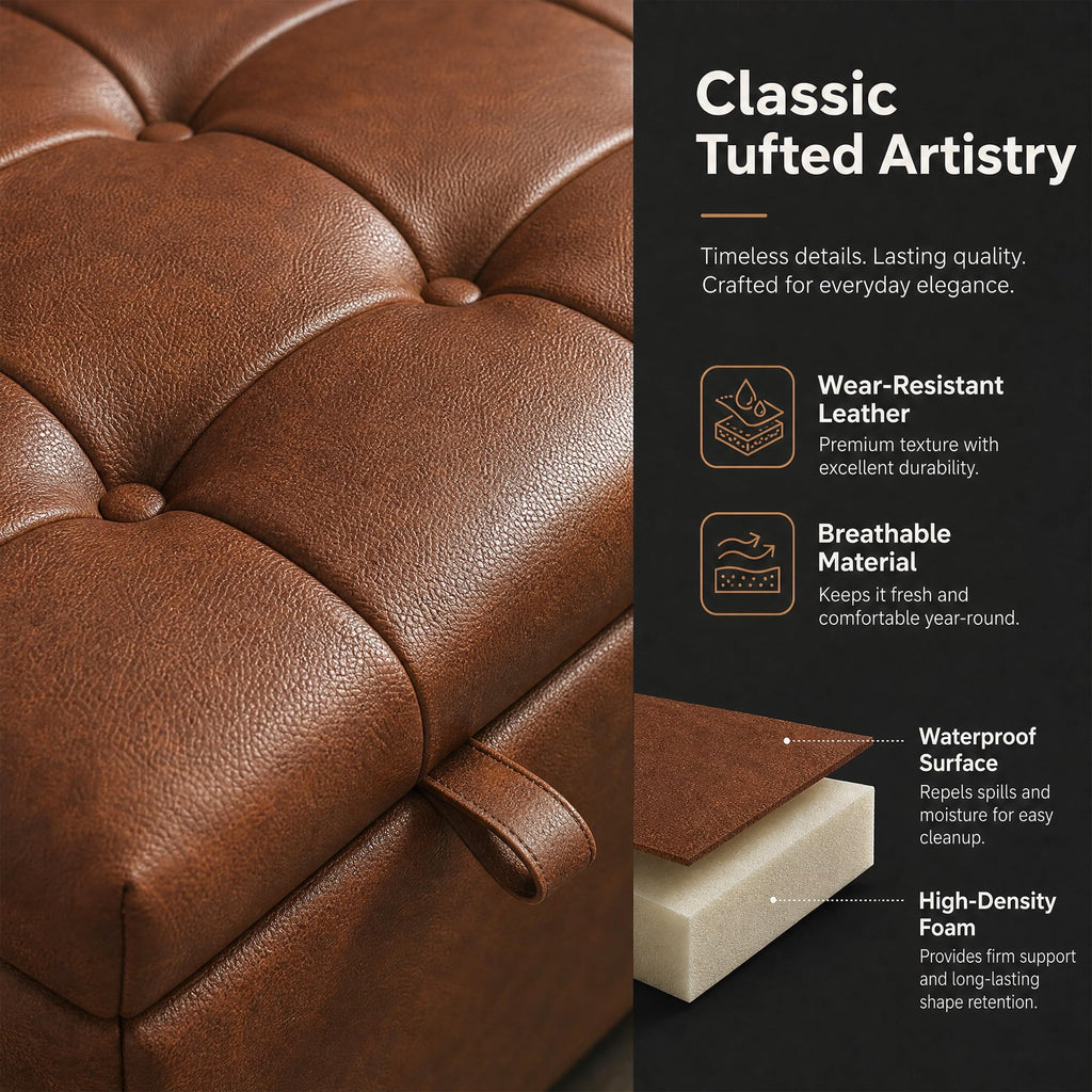 36 Inch Extra Large Brown Leather Lift Top Living Room Storage Ottoman