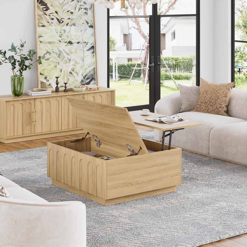 31.5" Lift Top Coffee Table with Storage, Arched Design, Oak