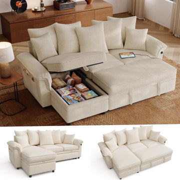 Sectional Couch with Pull Out Bed, Large Corduroy Modular Sleeper Sofa, Storage Chaise, Wide Armrest, 90" 3 Seats