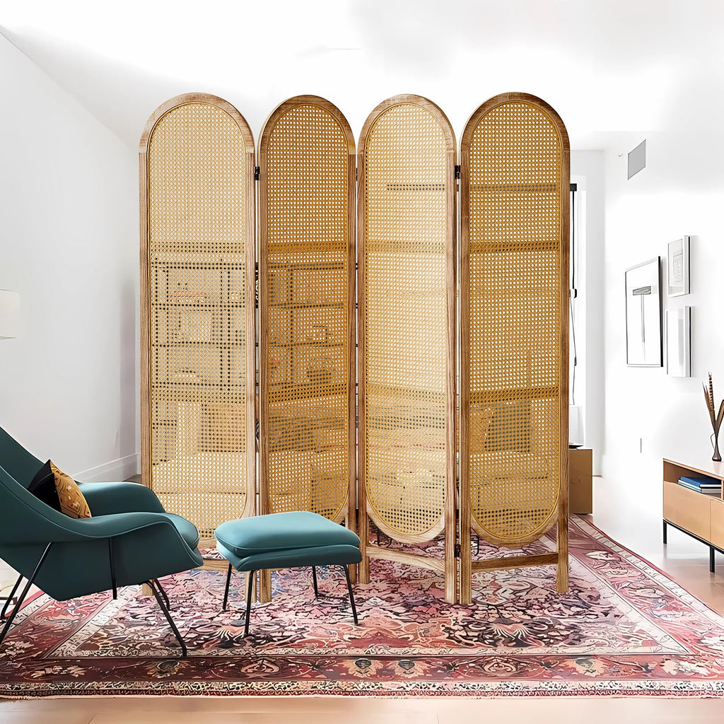4 Panel Rattan Room Divider Screen, Boho Folding Privacy Screen