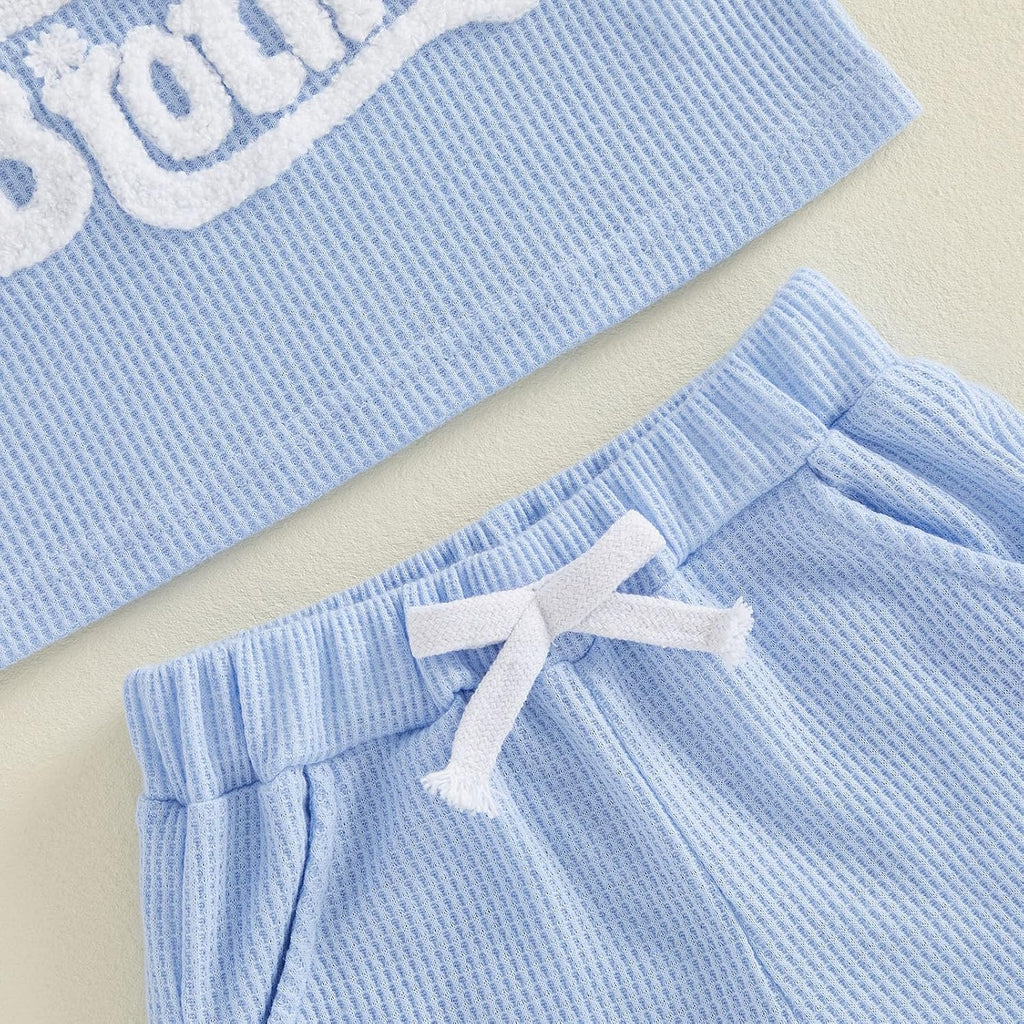 Toddler Baby Sister Brother Matching Outfit Big Sister&Lil Brother Embroidery Waffle Knit Top+Short 2pcs Summer Set