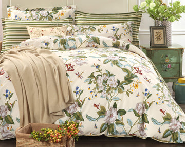 Floral Duvet Cover Set 100% Cotton Green and Beige Striped Shabby Flower Bedding Branches Botanical Printed