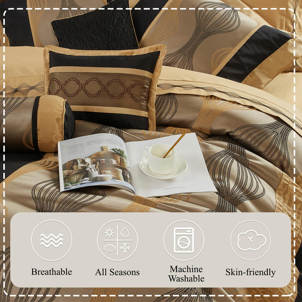 Black and Gold Comforter Set, 7 Pieces Jacquard Bedding Sets with Comforter, Bed Skirt, Pillows & Shams, Queen Size